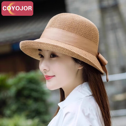 Coyojor Xiyao Home Sunscreen Hut Frauen 2025 neuer Sommerfischer Hut Sonnenschutz Dünne Bogenhut Falten Sie Sun Hut Khaki einstellbar (54-59 cm)