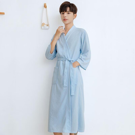 
Couple style pair of bathrobes for women long spring and autumn thin men's large size hotel nightgown pajamas water-absorbing yukata summer waffle light blue men's style [201-3#] long sleeves XL 125-150Jin [Jin equals 0.5 kg]
