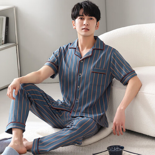 HWHE轻奢品牌纯棉短袖睡衣套装男2025夏季新款长裤薄款大码男士家居服 9863深灰 2XL (180)：适合160-180斤
