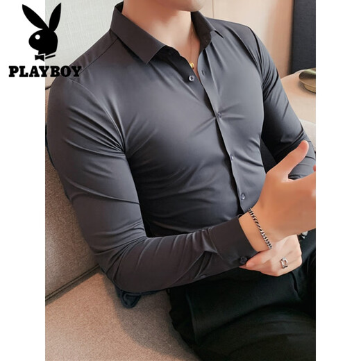 
Playboy (PLAYBOY) high-end texture-free long-sleeved shirt for men slim elastic summer and winter new style free ironing business casual men's wedding shirt white big pointed collar L (115-125Jin[Jin equals 0.5 kg])