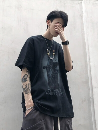 梦莲娅短袖T恤男夏季薄款暗黑系欧美高街潮牌上衣印花嘻哈半袖打底t clfs-cl1047黑色 M