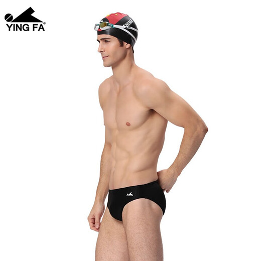 YINGFA men's professional swimming trunks solid color striped elastic quick-drying swimming racing competition training equipment Y9202A-1 black 2XL recommended waist circumference 86-90CM