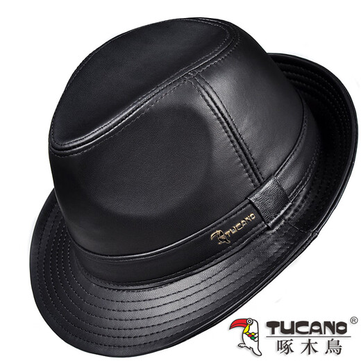 Woodpecker middle-aged and elderly men's genuine leather jazz gentleman hat spring and autumn warm sheepskin hat casual trendy winter elderly cowhide hat black sheepskin XL (57-58cm)