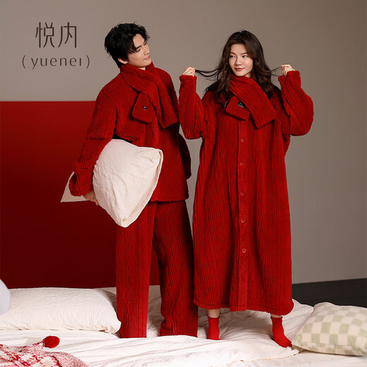 Yuenei Pajamas Wedding Newlywed Couple Set Autumn and Winter Women's Nightgown Plus Velvet Coral Velvet Home Clothes Men's Zodiac Year 34403 Retro Red With Scarf Men's L (Male 110-140 Jin Jin equals 0.5 kg / Female 110-120 Jin Jin equals 0.5 kg)