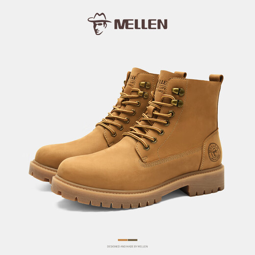 名郎 MELLEN男鞋新品简约时尚马丁靴潮流舒适经典高帮时装靴耐磨防滑休闲皮靴 黄棕色 42