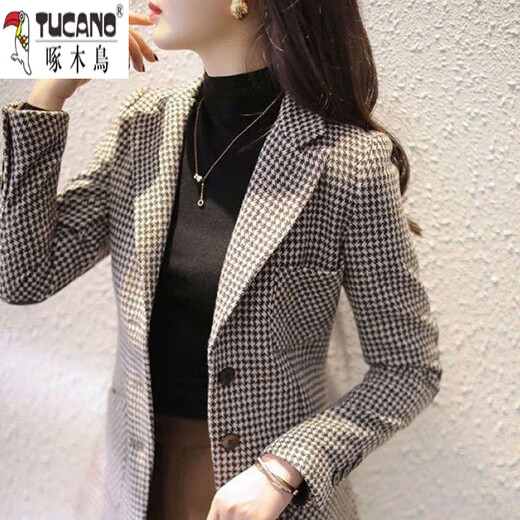 
Woodpecker (TUCANO) houndstooth plaid wool small suit jacket for women mid-length 2023 Spring and Autumn British style wool casual suit top 675# black and white houndstooth [with lilac] 3XL [Suggested 138-150Jin [Jin equals 0.5 kg]]