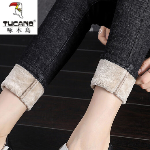 
Woodpecker plus fleece thickened jeans for women in winter high waist 2025 slim and tall slim and slim tropical velvet nine-point small feet trousers 719 black grape grey velvet-nine-nine-nine-28