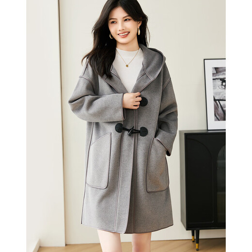 Demana retro age-reducing spring and autumn hooded straight long-sleeved off-shoulder double-sided woolen horn button jacket for women mid-length