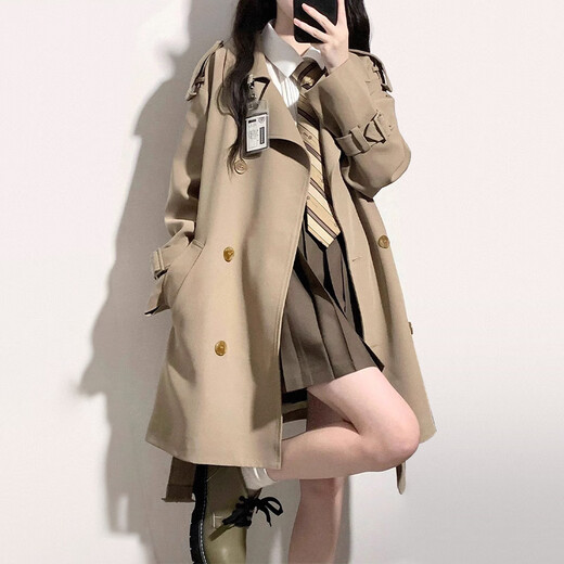 FOX.G Windbreaker Jacket Women's Mid-Length 2025 New Straight Autumn Women's Thin Style High-end Small Spring and Autumn Women's Clothing British Style Mid-Length Windbreaker Khaki S Recommended 130Jin Jin is equal to within 0.5kg