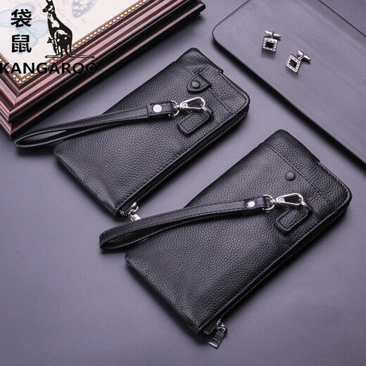 Kangaroo (KANGAROO) Atmospheric Handbag Men's Wallet Men's Long Leather Small Handbag Men's Mobile Bag Multi-functional Cowhide Handbag Black Small