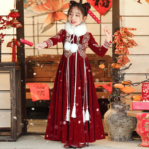 
Meow Camel Girls Ancient Costume Han Clothing Winter Year of Dragon New Year New Year New Year greetings winter Chinese style Tang Dynasty Girls Long Dress 9855 Red Fur Collar 170cm