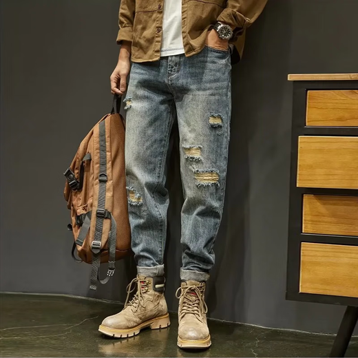 Yirancheng a déchiré un jean pour hommes et l'été minces minces et polyvalents American Retro Washing Pussy Handsome Harlan Pantalon neuf points Pantalon Men's Retro Blue 30 [Recommandé 110-120 Jin [Jin est égal à 0,5 kg]]]
