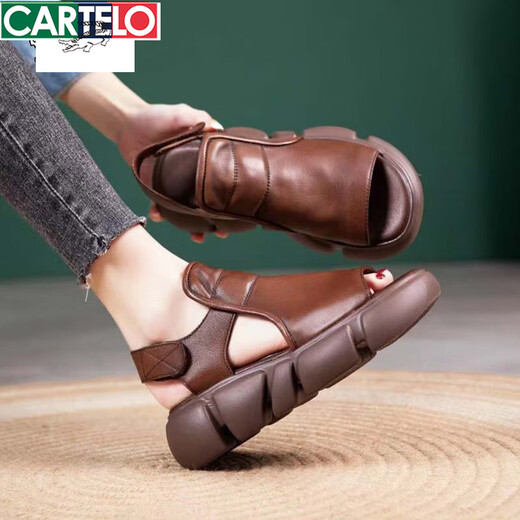 CARTELO leather sponge cake thick-soled retro handmade hollow sandals 2025 summer new wedge open-toed fish mouth Roman sandals dark brown 38