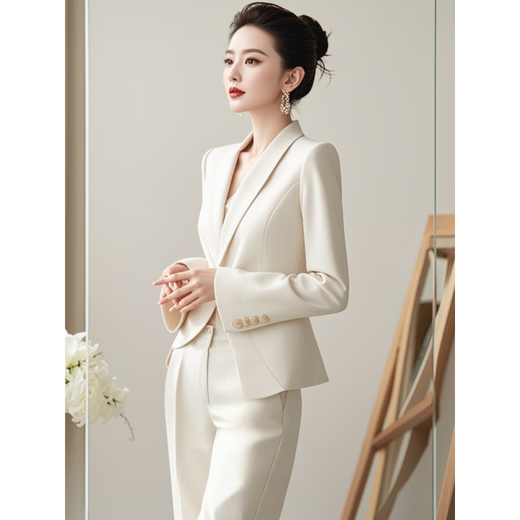 Autumn moonlight Yiren's autumn clothes are matched with a complete set of capable and elegant women's clothing with a small fragrant and goddess-like white suit suit. Off-white M