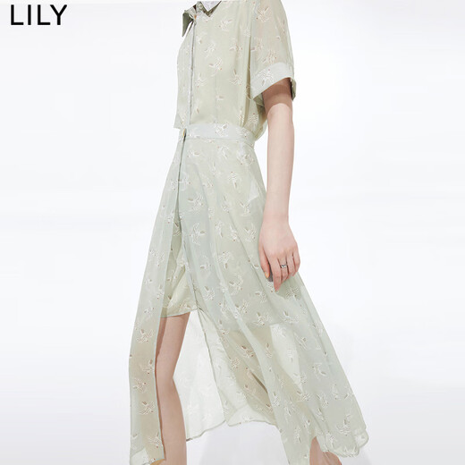 LILY夏新款女装设计感两穿时尚海鸥印花高腰连衣裙半裙 717卡其 S