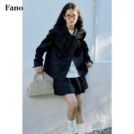 Fano studios Fan Luo French style satin bow suit 2024 spring new style noble and exquisite double-breasted short coat black S, shipped within 48 hours
