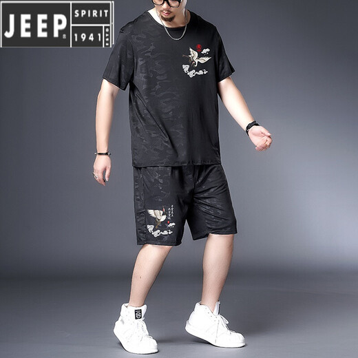 JEEP SPIRIT肥佬冰丝速干T恤男胖子加肥加大码男装夏季休闲运动短袖短裤套装 黑色9922套装 收藏加购优先发货 7XL 250-275斤