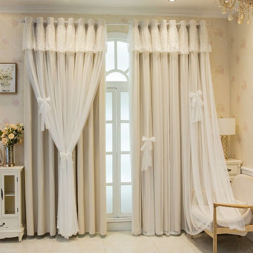 Ruiba Cream Style Curtains Blackout Beige Girly Bedroom Bay Window Double Layer Douyin Internet Celebrity Princess Style Fantasy Cloth and Gauze Integrated with Curtain Head - Not Hollow Cream Color Width 2.0*Height 2.7-Hook Type One Piece Height Adjustable