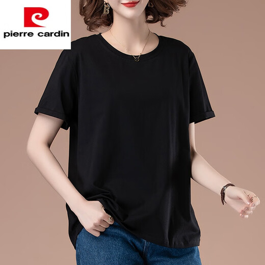 皮尔卡丹（pierre cardin）中年夏装短袖t恤女纯,棉薄款尺码宽松休闲胖m显瘦百搭上 咖啡色【9892款】棉95%氨纶5% L 100-115斤