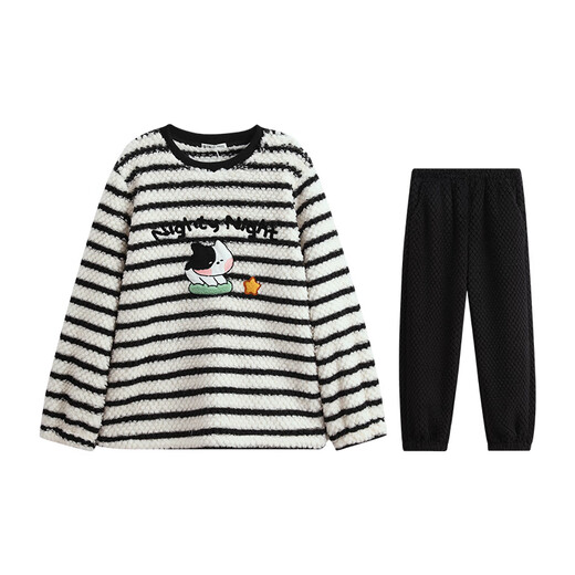 Fenten Couple Pajamas Fan Chengcheng's Same Style Star's Same Style Autumn and Winter Double-sided Velvet Round Neck Striped Thickened Home Clothes Set Black and White Stripes-Men's 2XL