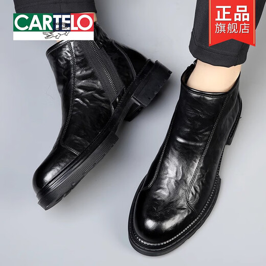 CARTELO Martin boots men's genuine leather 2025 new business casual high-top leather shoes British Chelsea boots zipper plus fleece boots black plus fleece 38