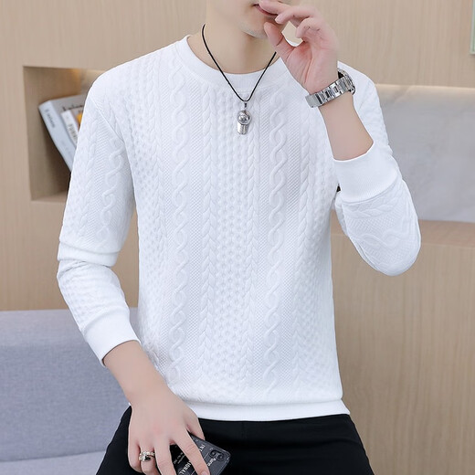 List of new spring and autumn sweatshirts for men, long-sleeved T-shirts, Korean style slim-fit bottoming shirts, trendy jacquard tops, white L (120Jin Jin is equal to 0.5kg -140Jin Jin is equal to 0.5kg)