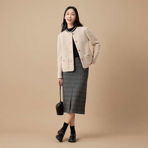 Beanpole New Year's gift Sheep wool women's quiet and luxurious long-sleeved tweed small style blazer dark gray S 160/84A
