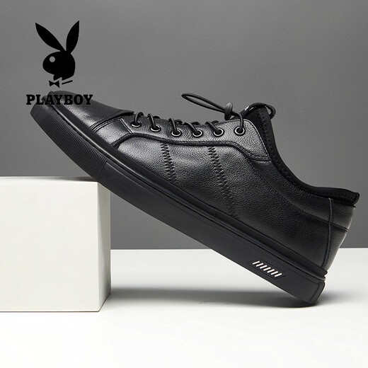 Playboy casual leather shoes men's new lightweight breathable first layer cowhide sneakers soft sole soft surface wear-resistant elastic band men's single shoes black 42