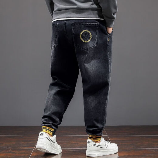 Fei Shimi Autumn New Fashion Brand Elastic Small Foot Jeans Fat Loose and All-Match Pants Elastic Waist Fat Pants 300 Jin [Jin equals 0.5 kg] Black 9901 XL 1 (130-150 Jin [Jin equals 0.5 kg])