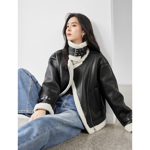 Weißes Fell integrierter Motorradanzug Maillard Mantel für Frauen 2024 Winter neuer Nachahmung Lammfell kurzer Lederjacke Ruhig Schwarz S