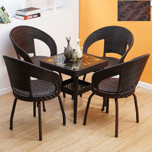 Three-piece set of swirling tile Hinde rattan chair with tea-making balcony leisure chair, outdoor living room coffee table, swivel chair, round table, five-piece set, imitation rattan zebra pattern classic model: 54 round table and two non-swivel chairs (comes with cushion)