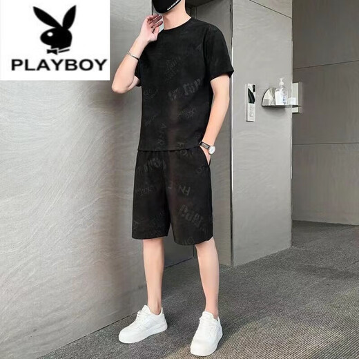 Playboy (PLAYBOY) Pure Cotton 2023 New Ice Silk Short Sleeve T-shirt Set Men's Casual Sports Two-Piece Set Men's Loose Summer Trend 671 Khaki Set L 110Jin [Jin equals 0.5 kg]-130Jin [Jin equals 0.5 kg]