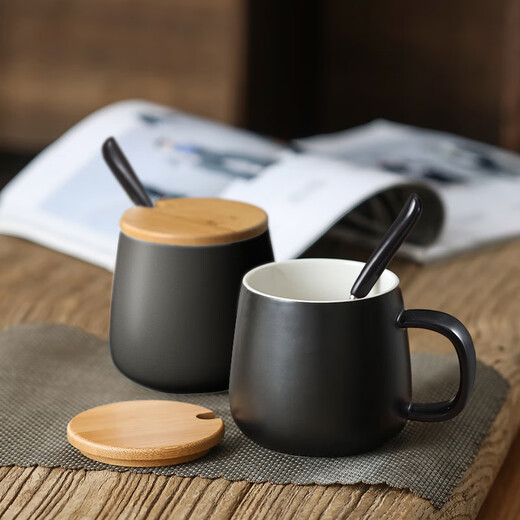 Dining General Ceramic Mug with Spoon and Cover Coffee Cup Martin Cup Couple Cup Milk Cup Breakfast Cup Black