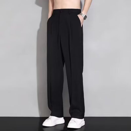 畅登冰丝小西裤男夏季薄款美式阔腿直筒宽松潮牌休闲长裤子垂感西装裤 黑色 L