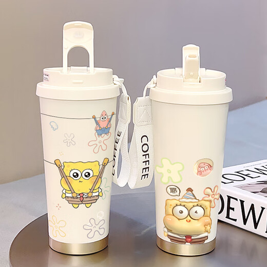 
Daihuo Office straw water cup thermos for girls 2025 new high-value large-capacity fruit spongebob students antique white-CKY691 spongebob ceramic inner lid