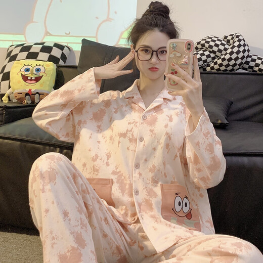 Mobeihai star couple pajamas spring and autumn long-sleeved pure cotton cartoon Japanese ins style men's and women's home wear two-piece set TM-2278 Black Stitch L male