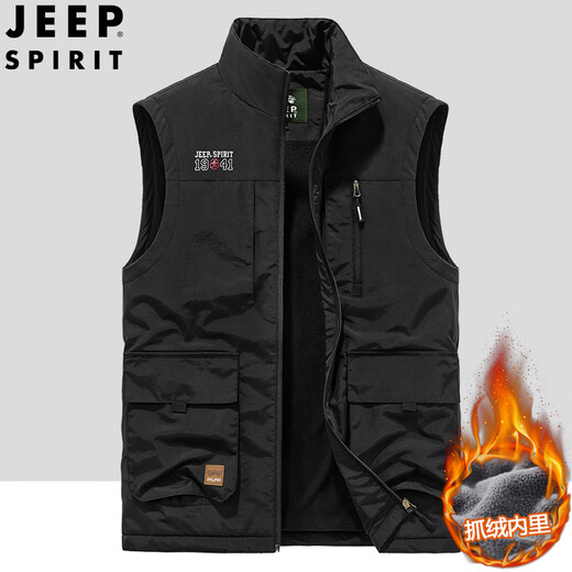 JEEP SPIRIT秋冬季加绒保暖背心钓鱼马甲男多口袋摄影马夹外套 灰色 677A款 加绒 3XL 建议165-180斤