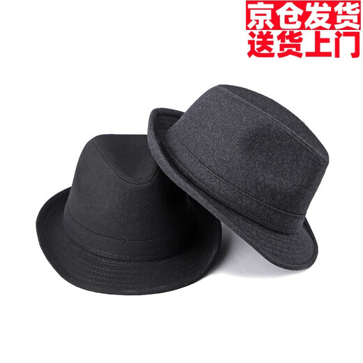 织姬绅士帽子男英伦风复古简约纯色毛呢礼帽男士休闲爵士帽保暖复古 黑色 M【58-59cm】