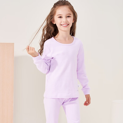 Ropa de otoño para niños grandes de tres tiros y pantalones de otoño, categoría A, conjunto de ropa interior antibacteriana de algodón puro de manga larga con cuello redondo para niñas para adolescentes, lavanda 150