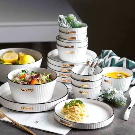 [Preferred merchant for same-day delivery] Dishes and plates set, complete set, simple internet celebrity ceramic tableware combination, chopsticks, patterned food for six, 30-piece practical set