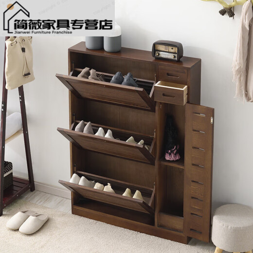 Shantou Lincun solid wood shoe cabinet, simple and modern foyer storage cabinet, living room door flip shoe cabinet, multi-functional balcony entrance cabinet, one layer brown, installation-free, large capacity solid wood material