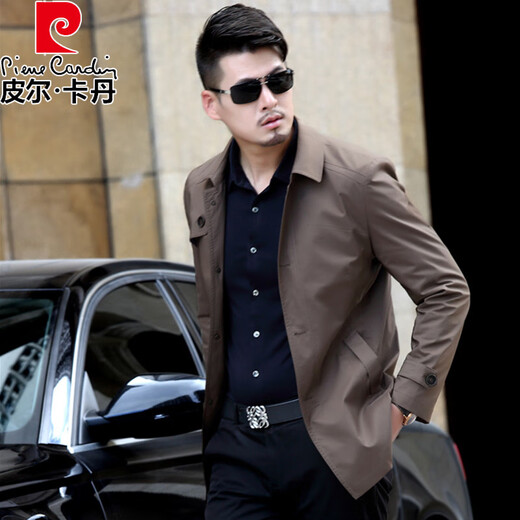 Pier Cardin high-end brand men's clothing, windbreaker, men's short lapel, spring and autumn fashion brand men's clothing, middle-aged business casual men's jacket, knitting, khaki 369 models XL 180