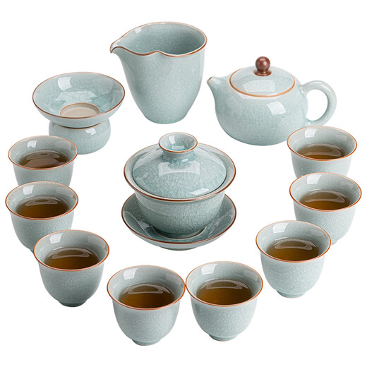 SUSHI CERAMICS Ru Kiln Ice Flower Glaze Tea Set Opening Pieces Can Grow Gold Thread Teapot Three-Cai Covered Bowl 8 High-End Gift Boxes Holiday Gifts