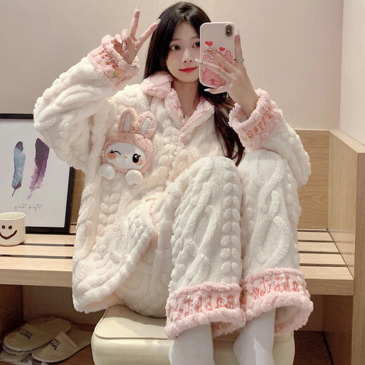 Langsha Coral Velvet Pajamas for women for summer long-sleeved 2025 new flannel thickened warm spring and summer home clothing set 9221 M:[75-100Jin[Jin equals 0.5 kg]]