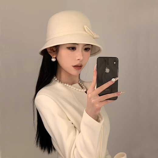橙子蛋挞复古留洋千金白月光帽子女款法式优雅名媛礼帽赫本风羊毛呢渔夫帽 白色 可调节(54-58)
