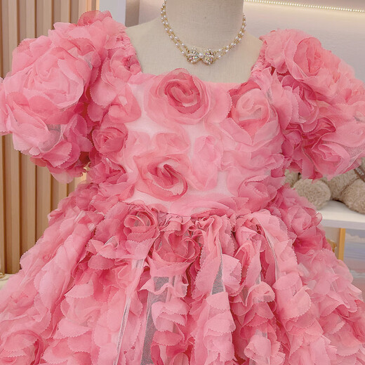 Anne Youer Girls Dress Summer 2025 New Children's Internet Celebrity Three-dimensional Flower French Princess Dress Girls Summer Dress Pink 110