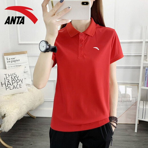 Anta kurzärmeligte T-Shirt für Frauen 2022 Sommer neuer loser atmungsaktives Lampen-Polo-Hemd Fitness leichte Eis Seide Schnelle Trocknen im Freien im Freien im Freien im Freien im Freien T-Shirt Casual Sportswear -4A14066 Klassiker Red S/160