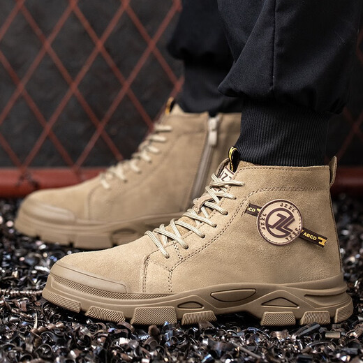 
Jiuzhou War Wolf High-top Labor Protection Shoes Men's Anti-Smash Anti-Puncture Anti-Scald Welding Boots Anti-Slip Anti-Wear Autumn and Winter Work Shoes 698 Khaki [Reverse Fleece Cowhide] Steel Toe 41