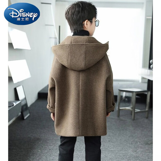 Disney (Disney) Boys' Woolen Coat 2024 Autumn and Winter New Children's Horn Button Woolen Coat Children's Clothing Top Mid-Length Loose Hooded Black 120 Recommended height is about 120cm