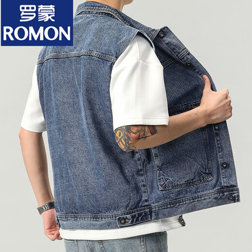 罗蒙（ROMON）2024牛仔马甲男无袖坎肩夹克男士春秋季潮流宽松百搭工装外套 9215蓝色 +9216蓝色 S